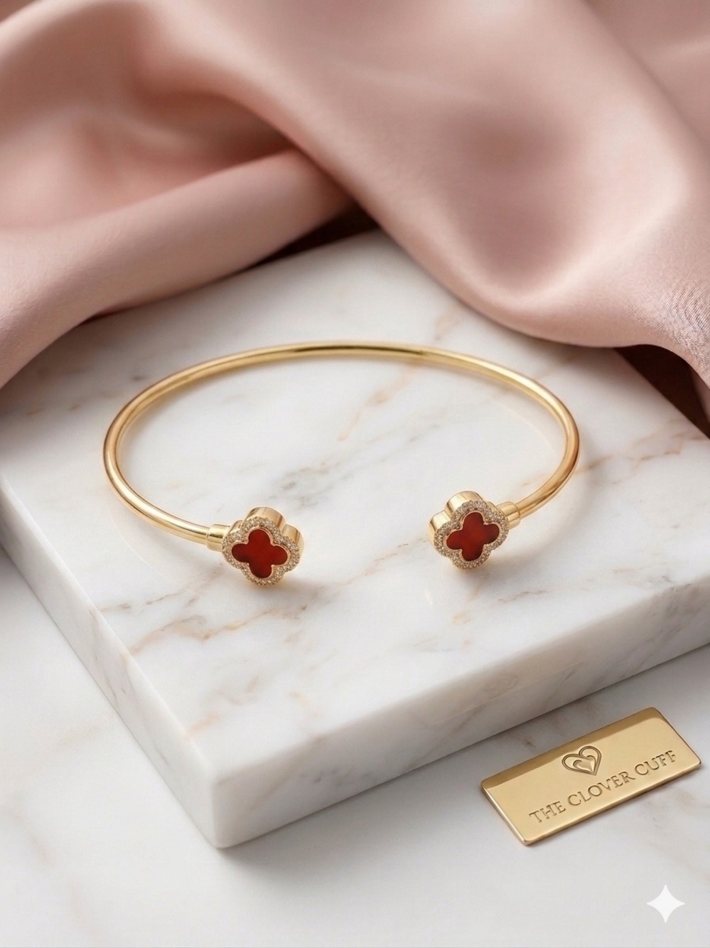 14k Gold - Filled Open Cuff Bracelet with Red Clover Accents